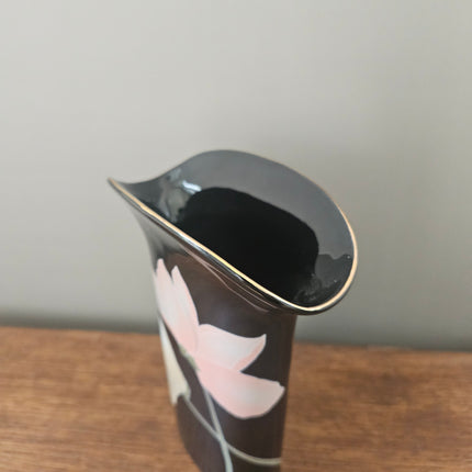 Vase vintage Yamaji en porcelaine noire et fleurs pastels - Japon années 80